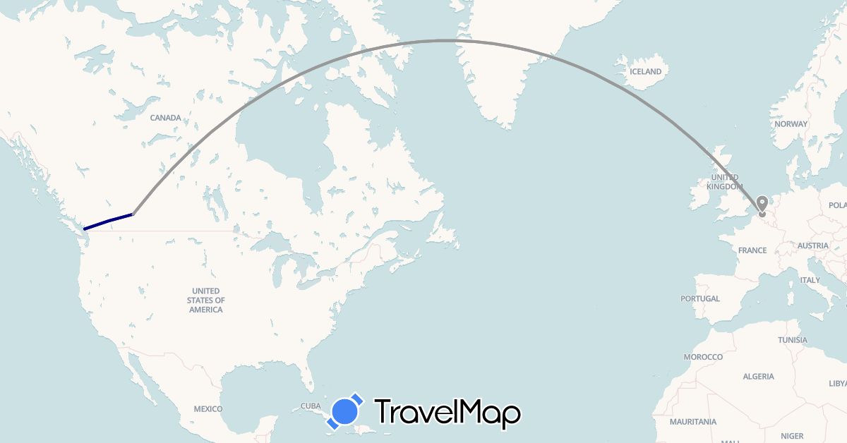 TravelMap itinerary: driving, plane in Belgium, Canada (Europe, North America)